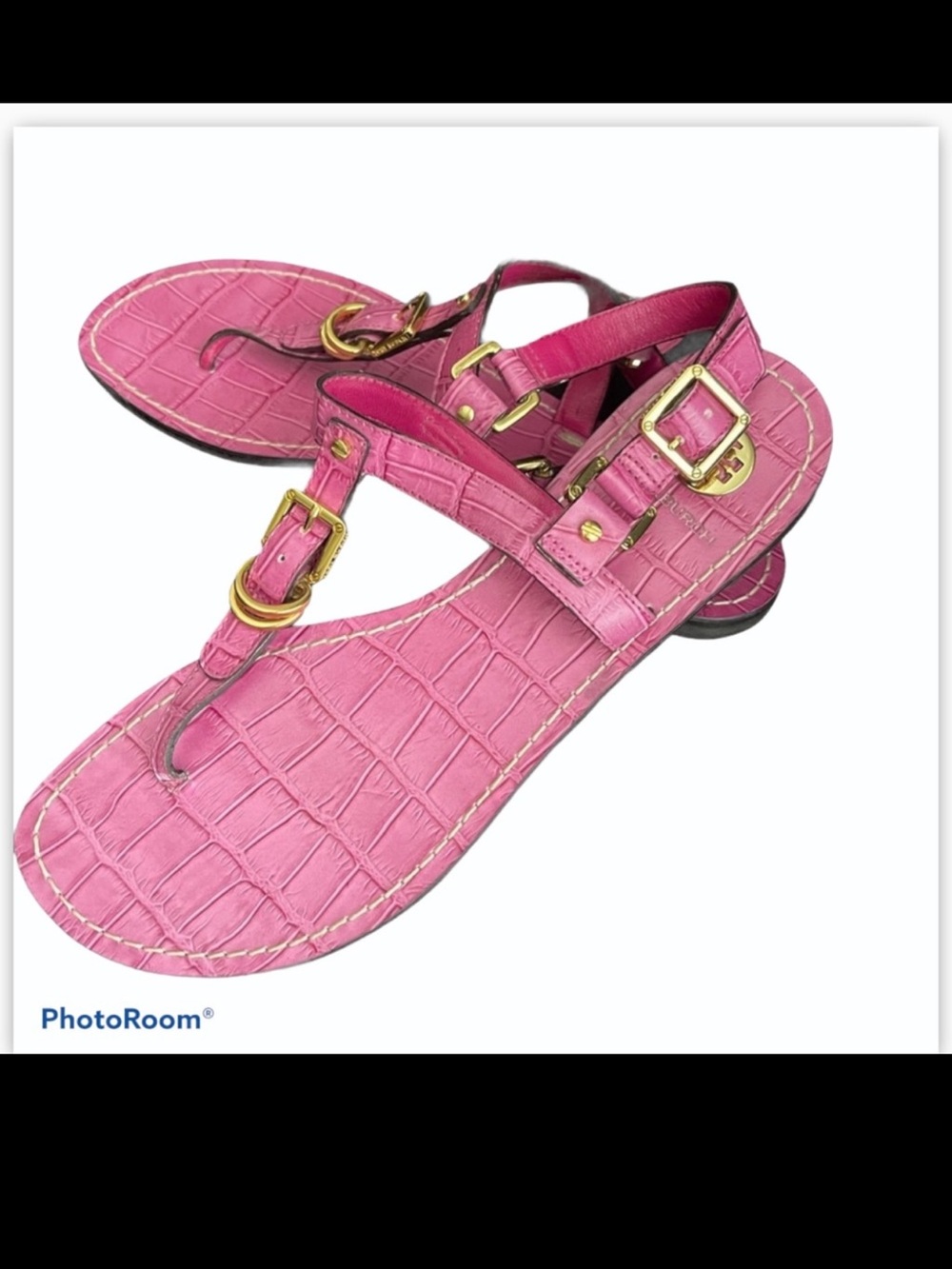 Tory Burch Pink Croc T Strap Sandals
